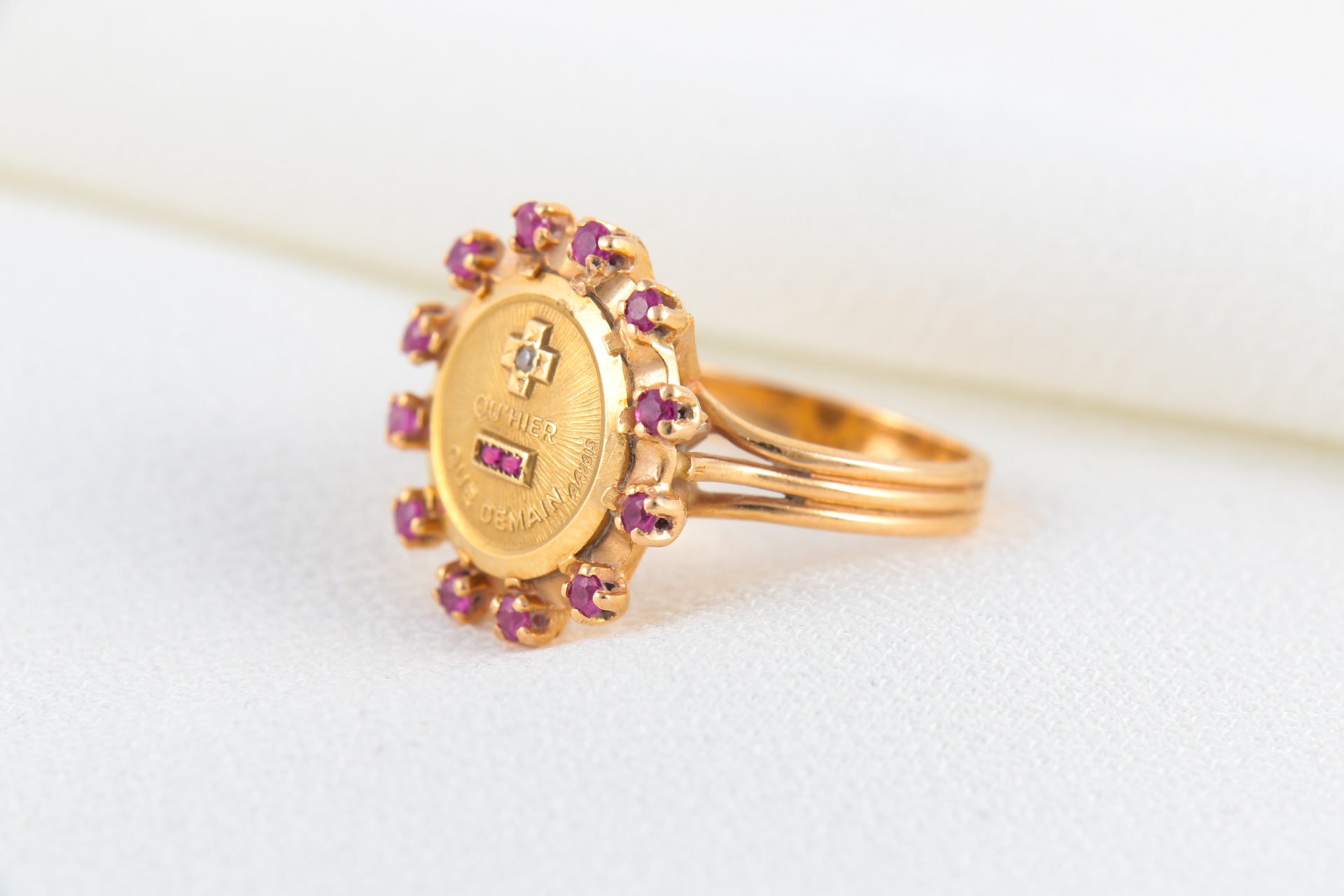 Augis Love Ring in Gold, Ruby and Pink Sapphires, More Yesterday Less Tomorrow, A. Augis