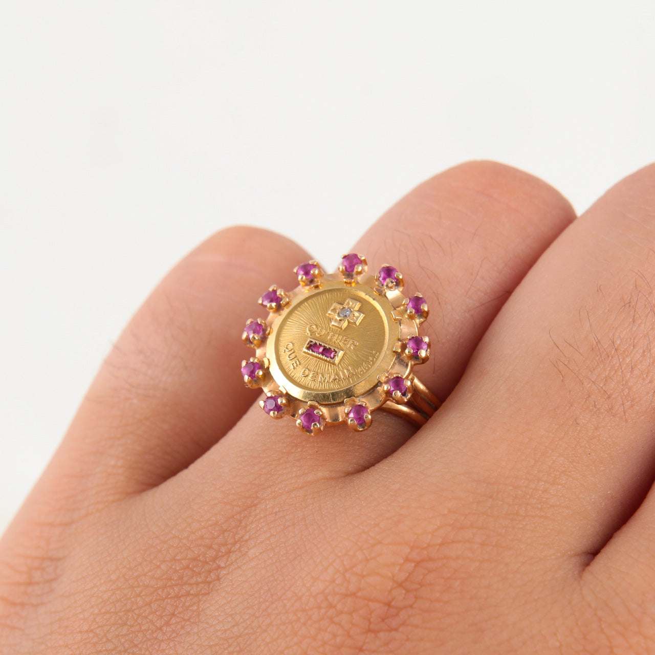 Augis Love Ring in Gold, Ruby and Pink Sapphires, More Yesterday Less Tomorrow, A. Augis