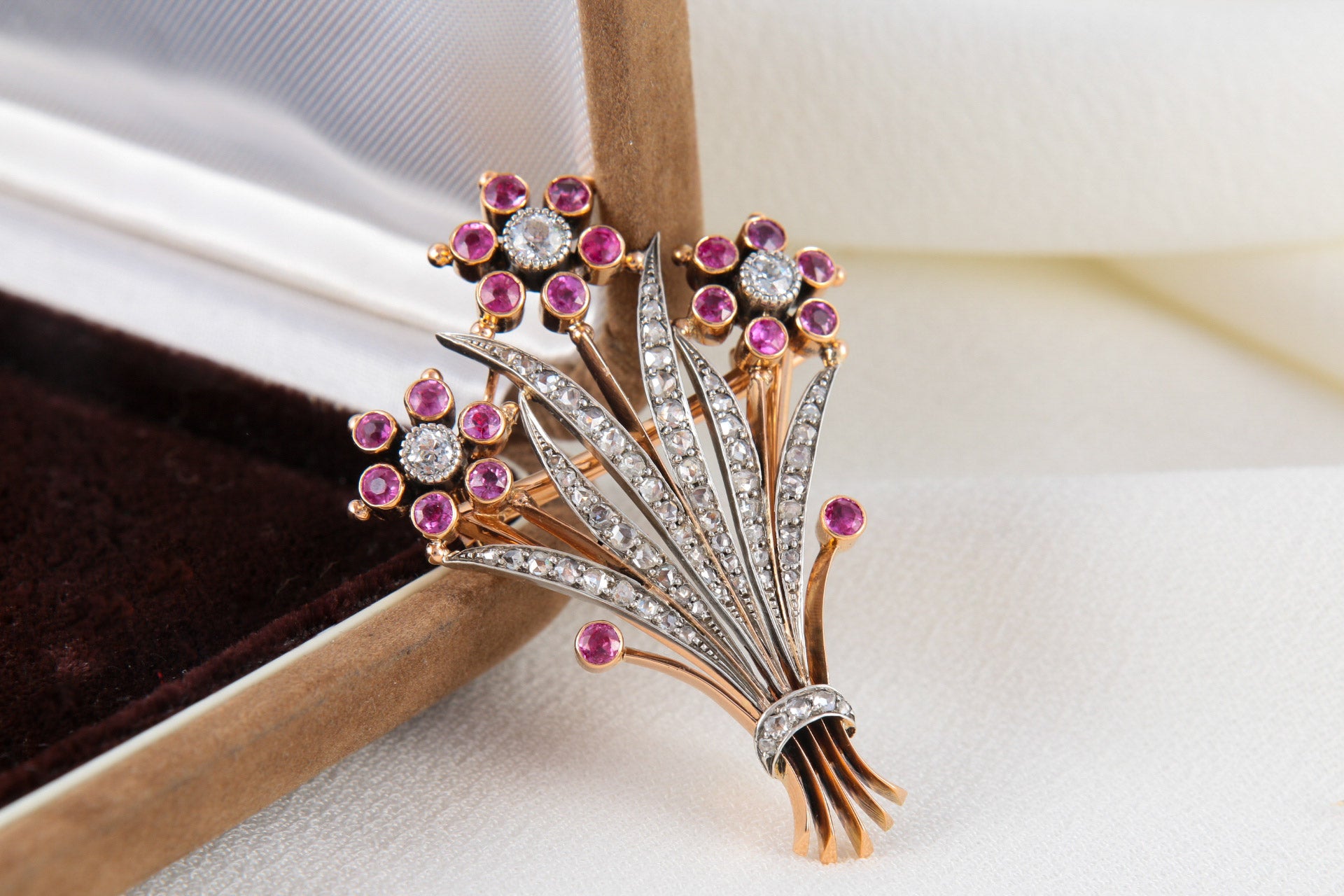 Belle Epoque Flower Pendant Brooch in Gold, Silver, Diamonds and Ruby