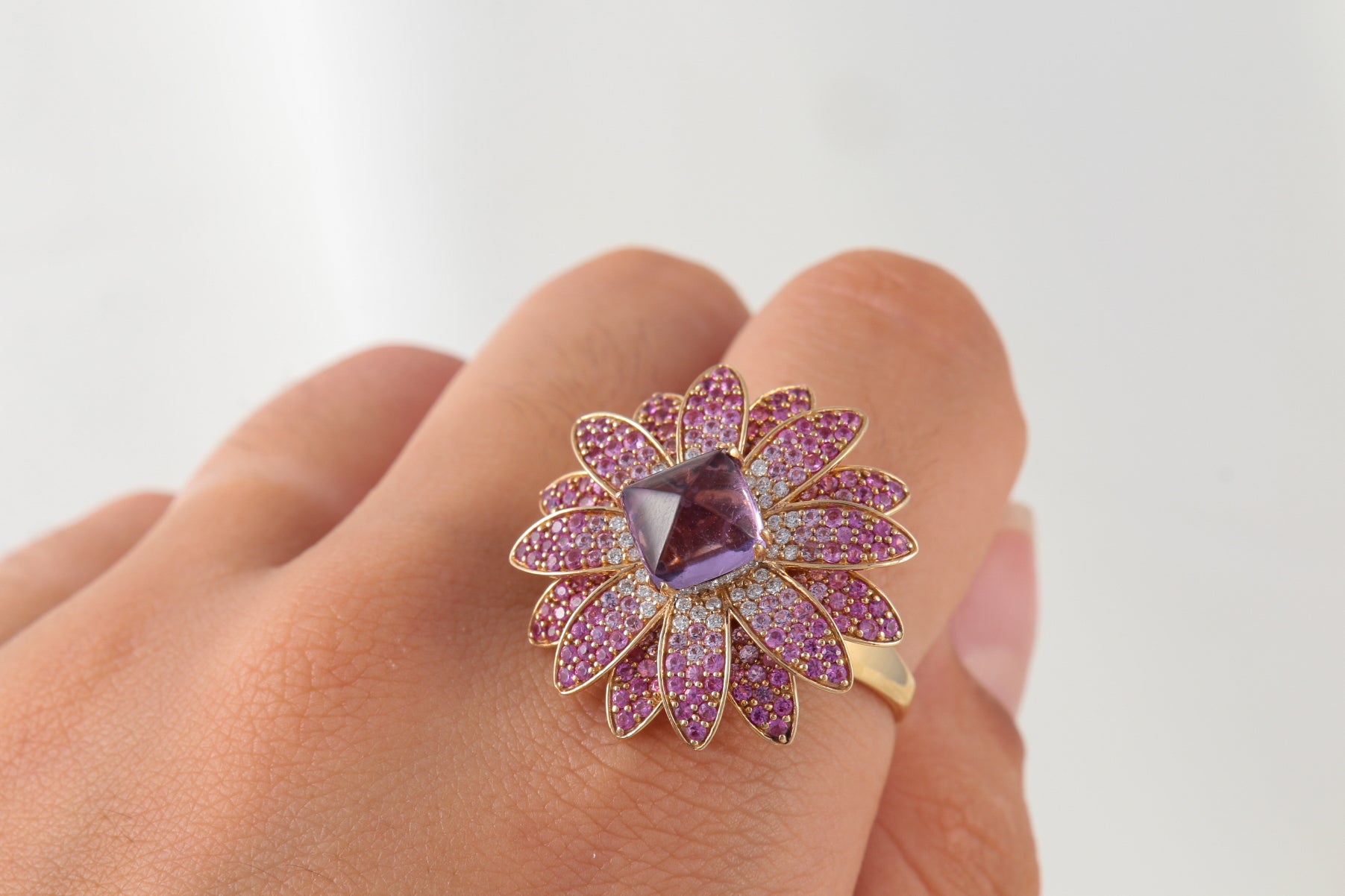 Flower Ring in Gold, Amethyst, Diamonds and Pink Sapphires