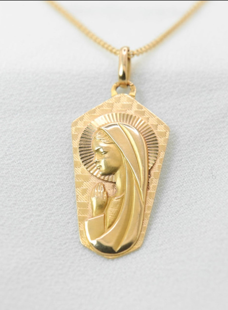 Religious Art-Deco Virgin Mary Medal in Gold