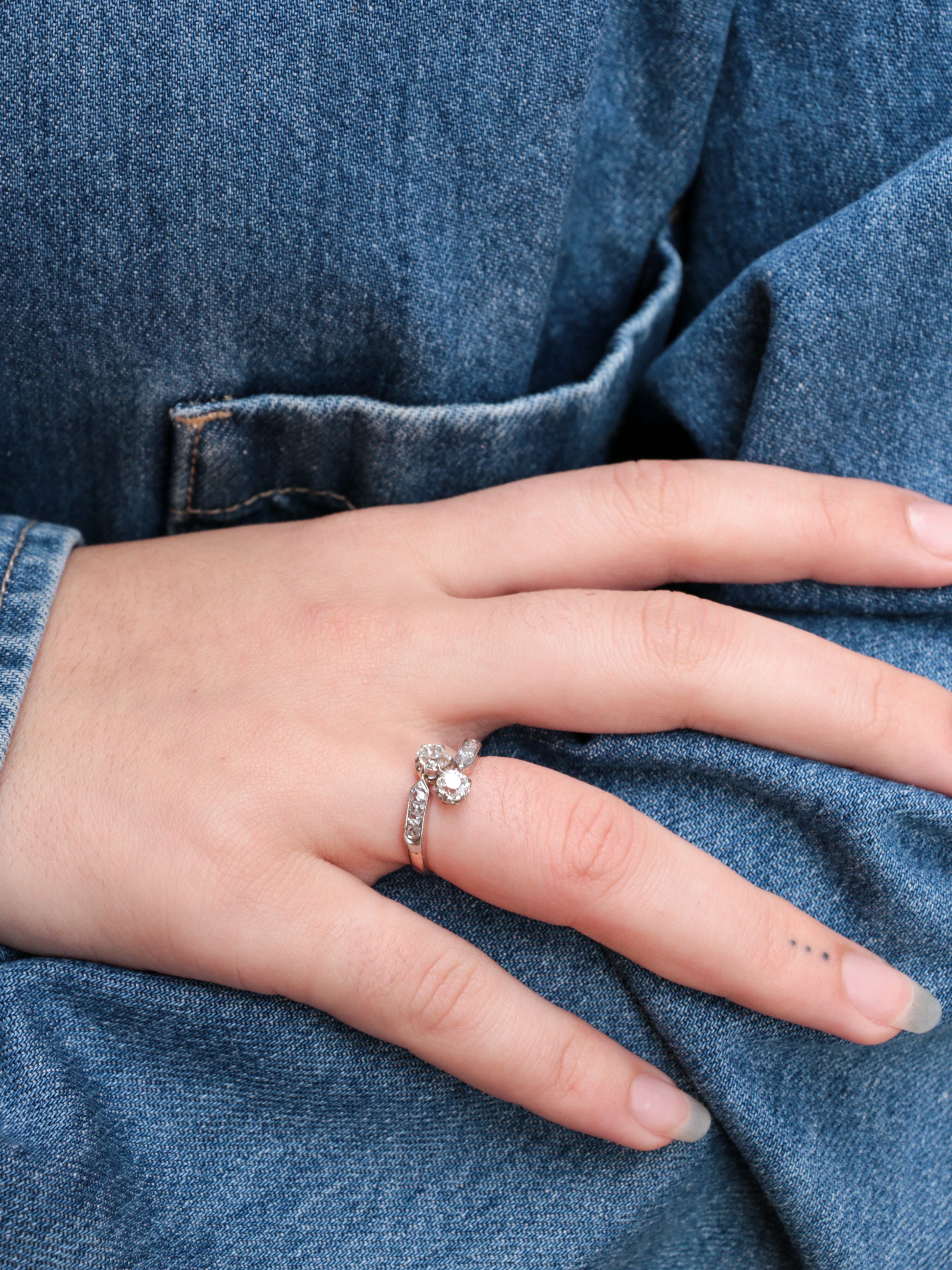 Bague Toi et Moi vintage en or et diamants taille ancienne