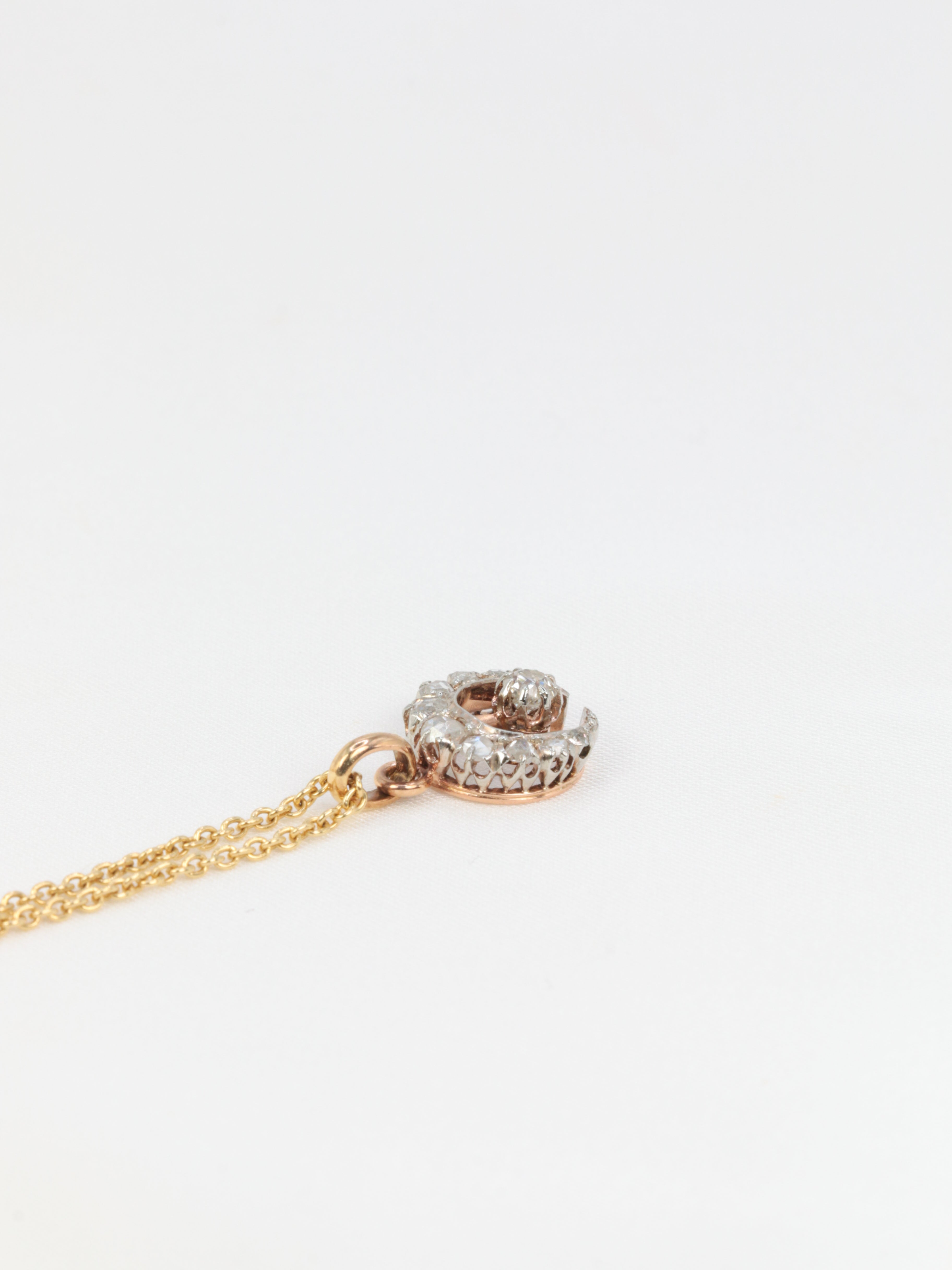 Old moon pendant in gold, silver and diamonds - Late 19th century