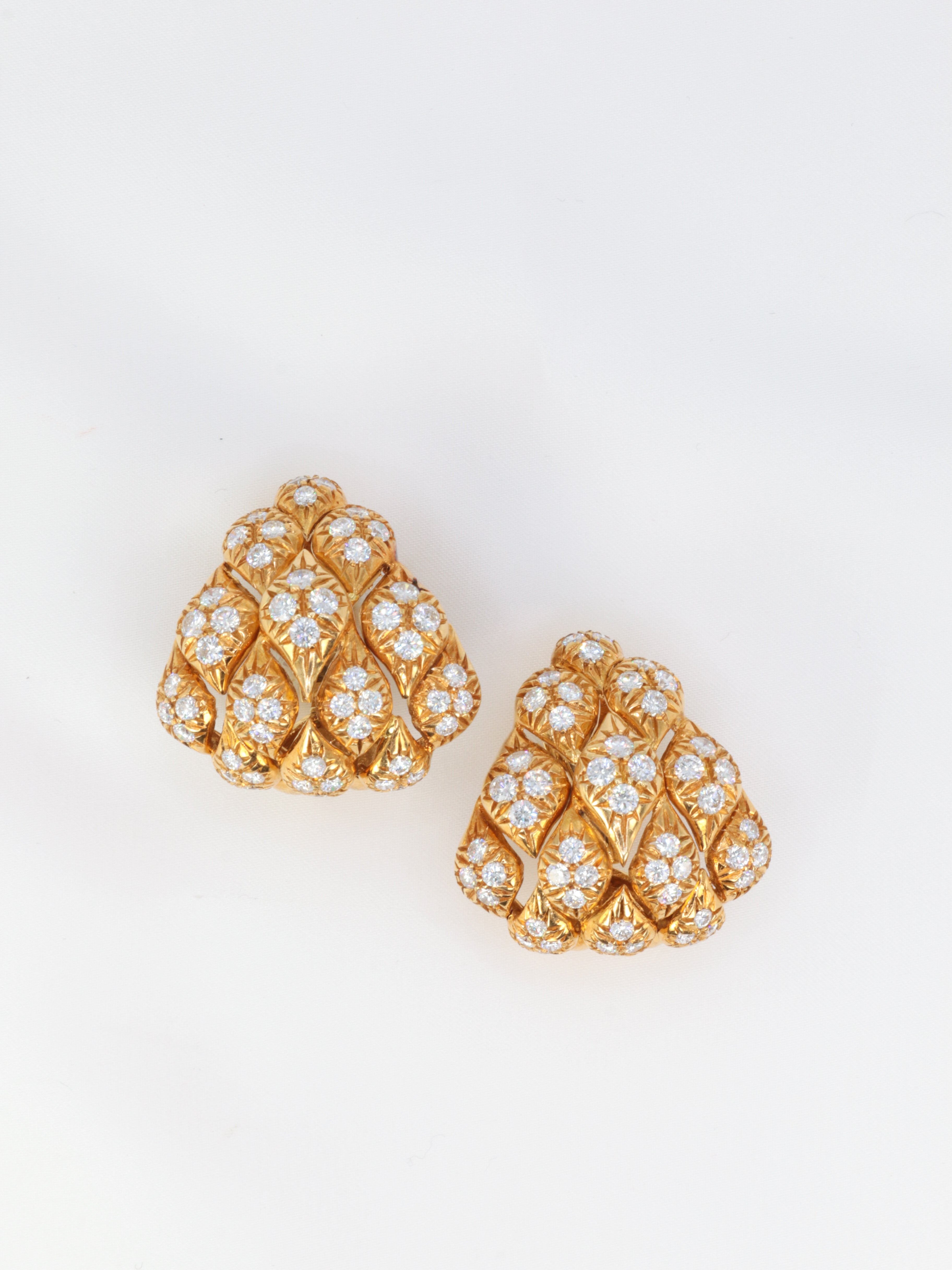 Gold and diamond pine cone ear clips, 1970