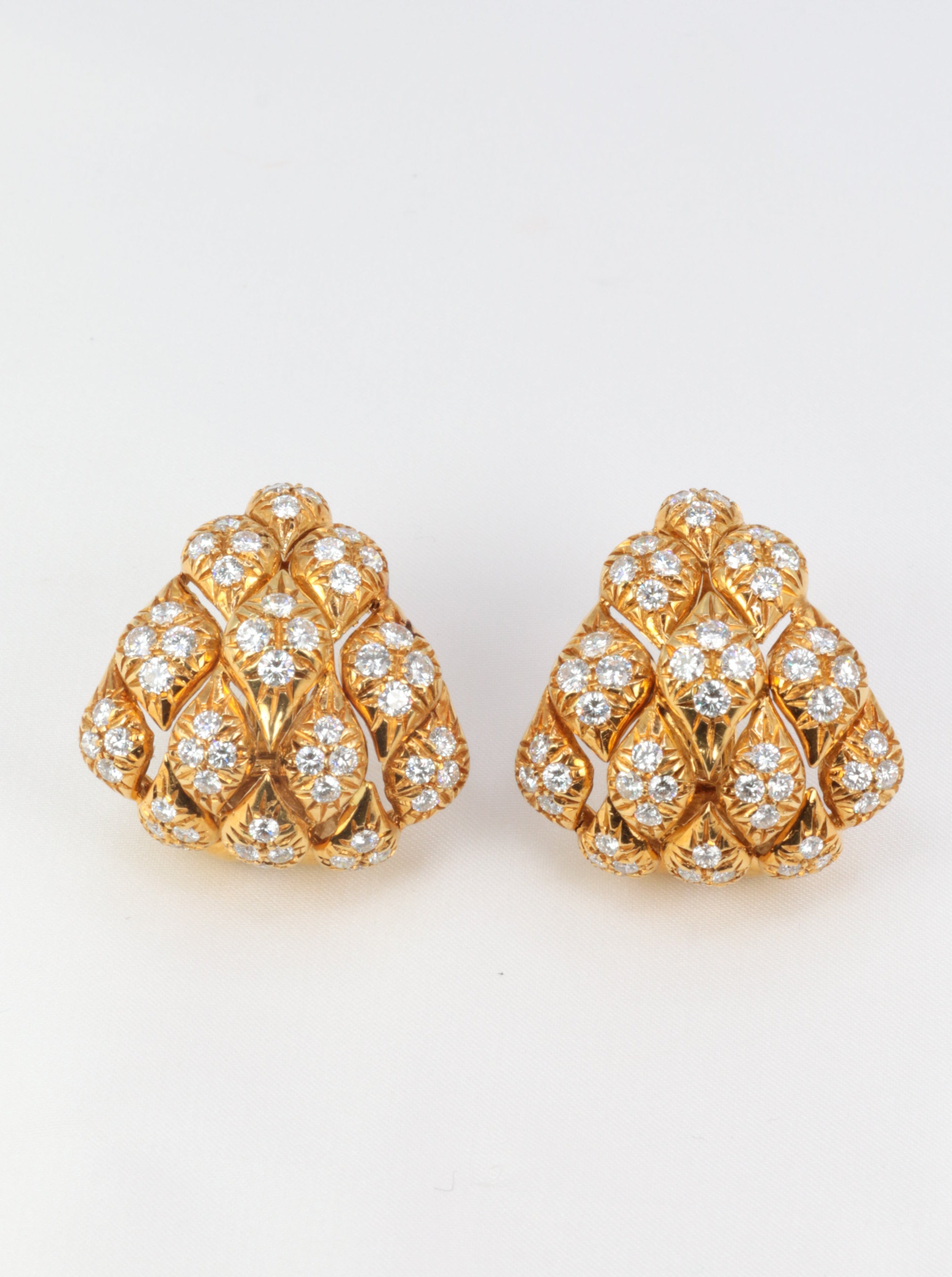 Gold and diamond pine cone ear clips, 1970