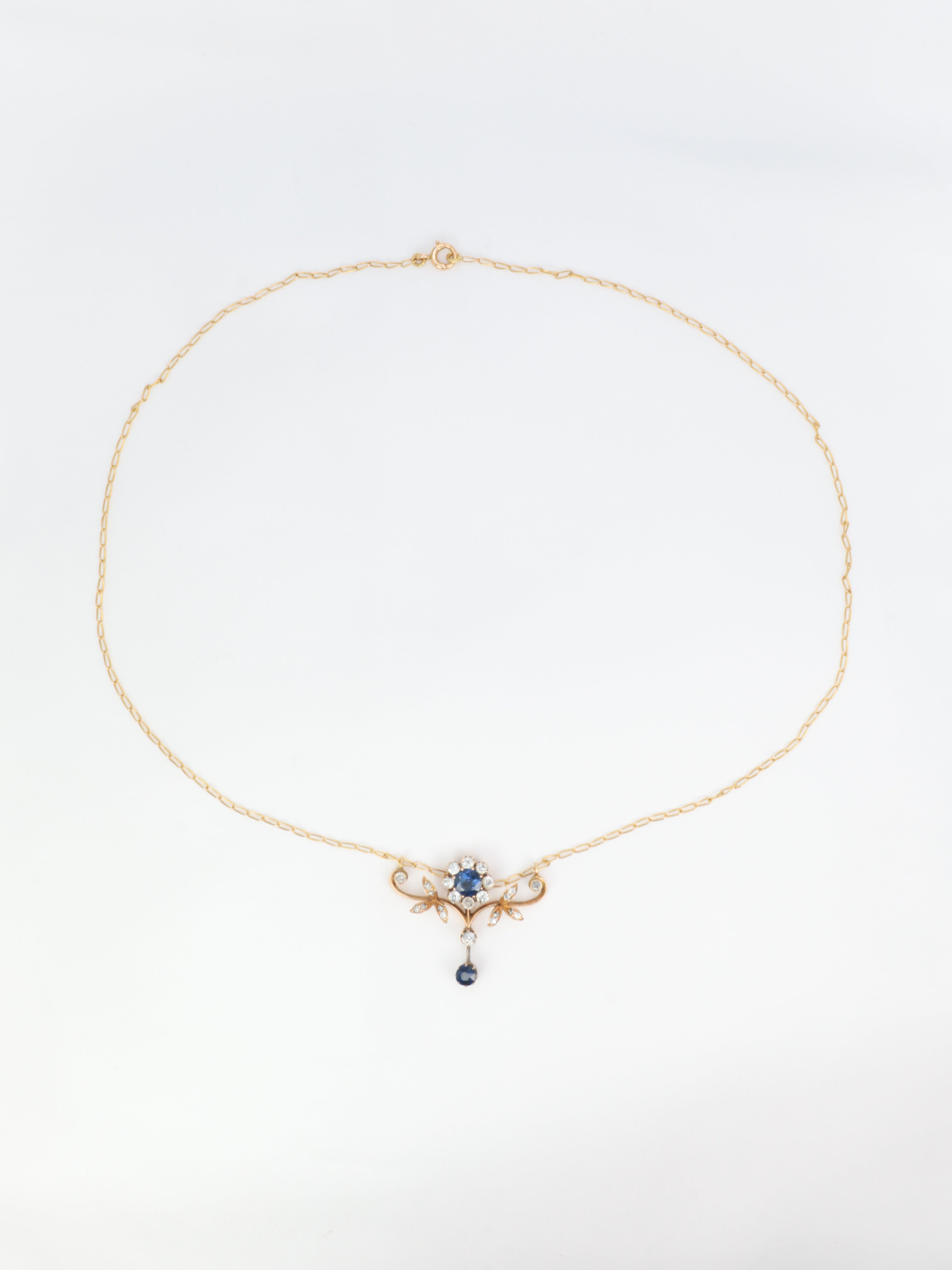 Art Nouveau Fleur necklace in gold, sapphires and diamonds