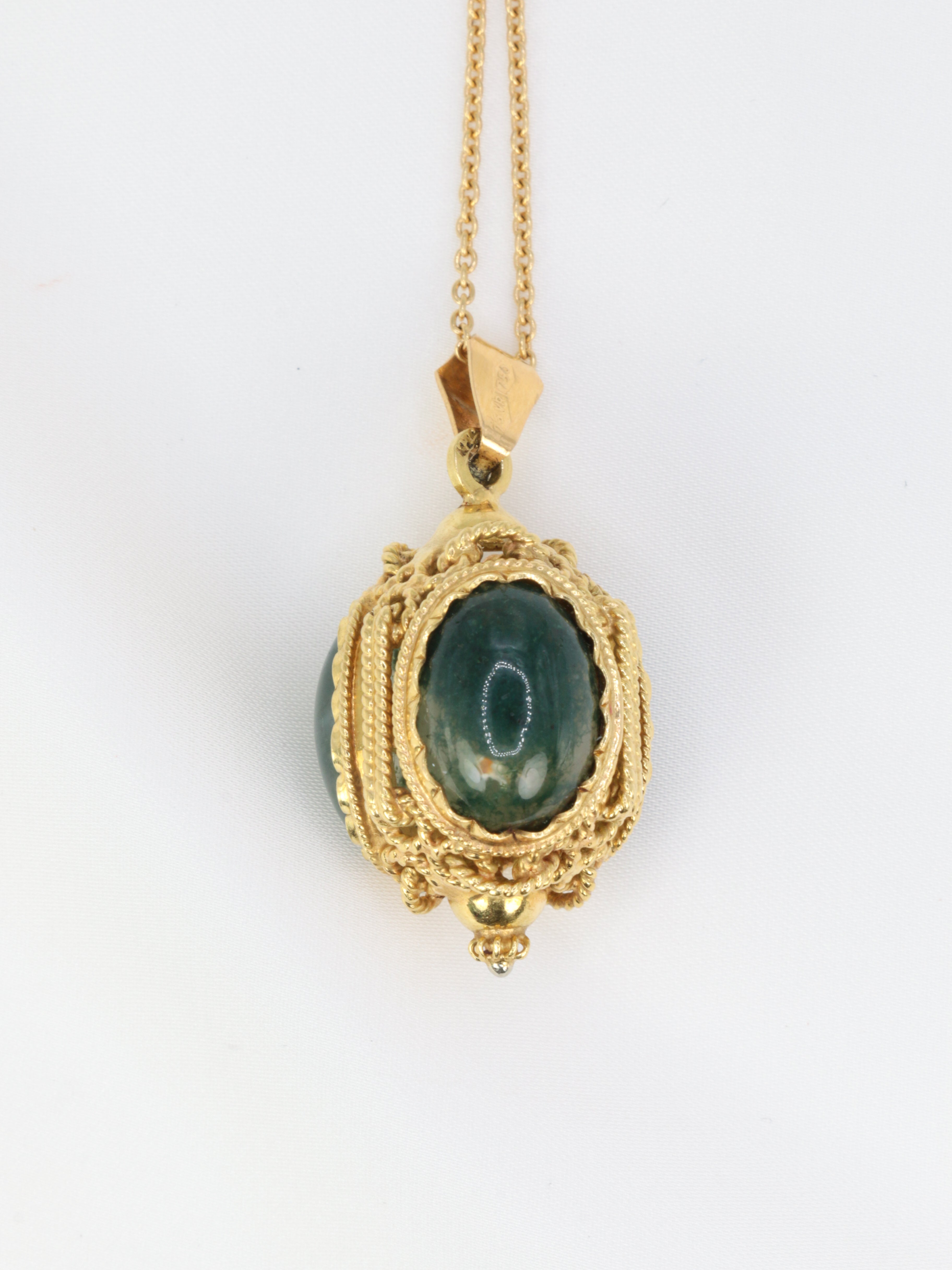 Gold lantern pendant and moss agate cabochons