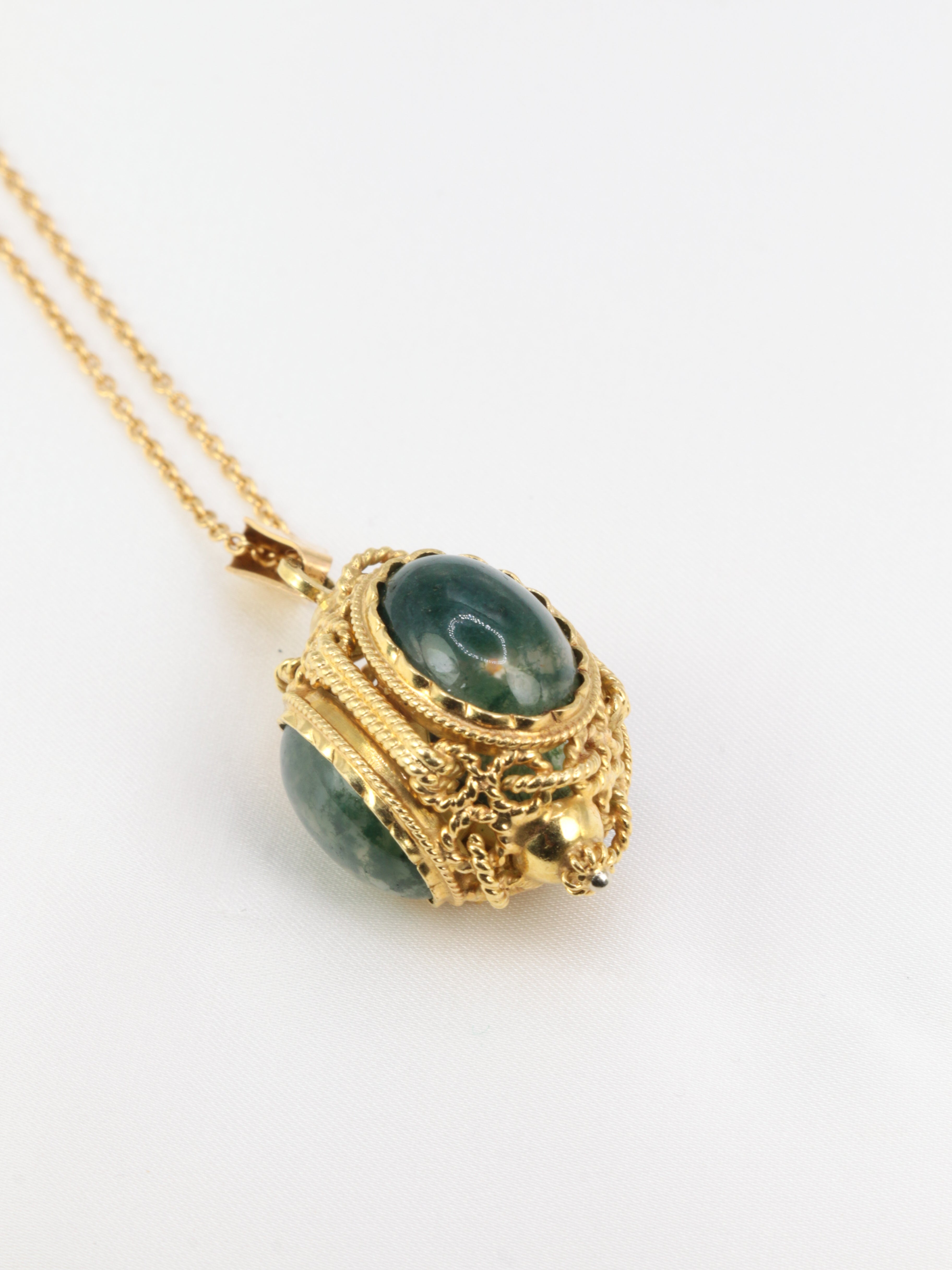 Gold lantern pendant and moss agate cabochons