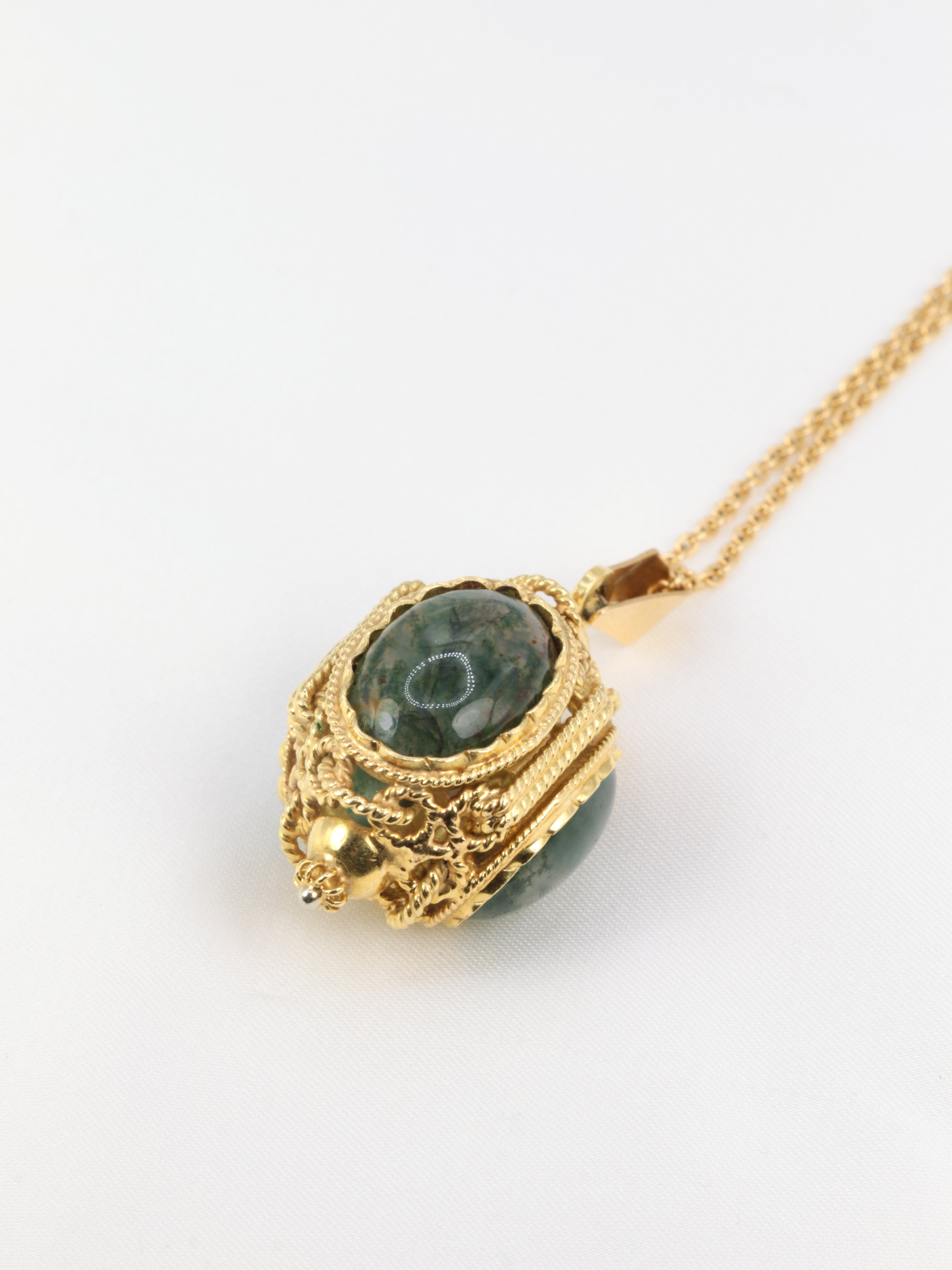 Gold lantern pendant and moss agate cabochons