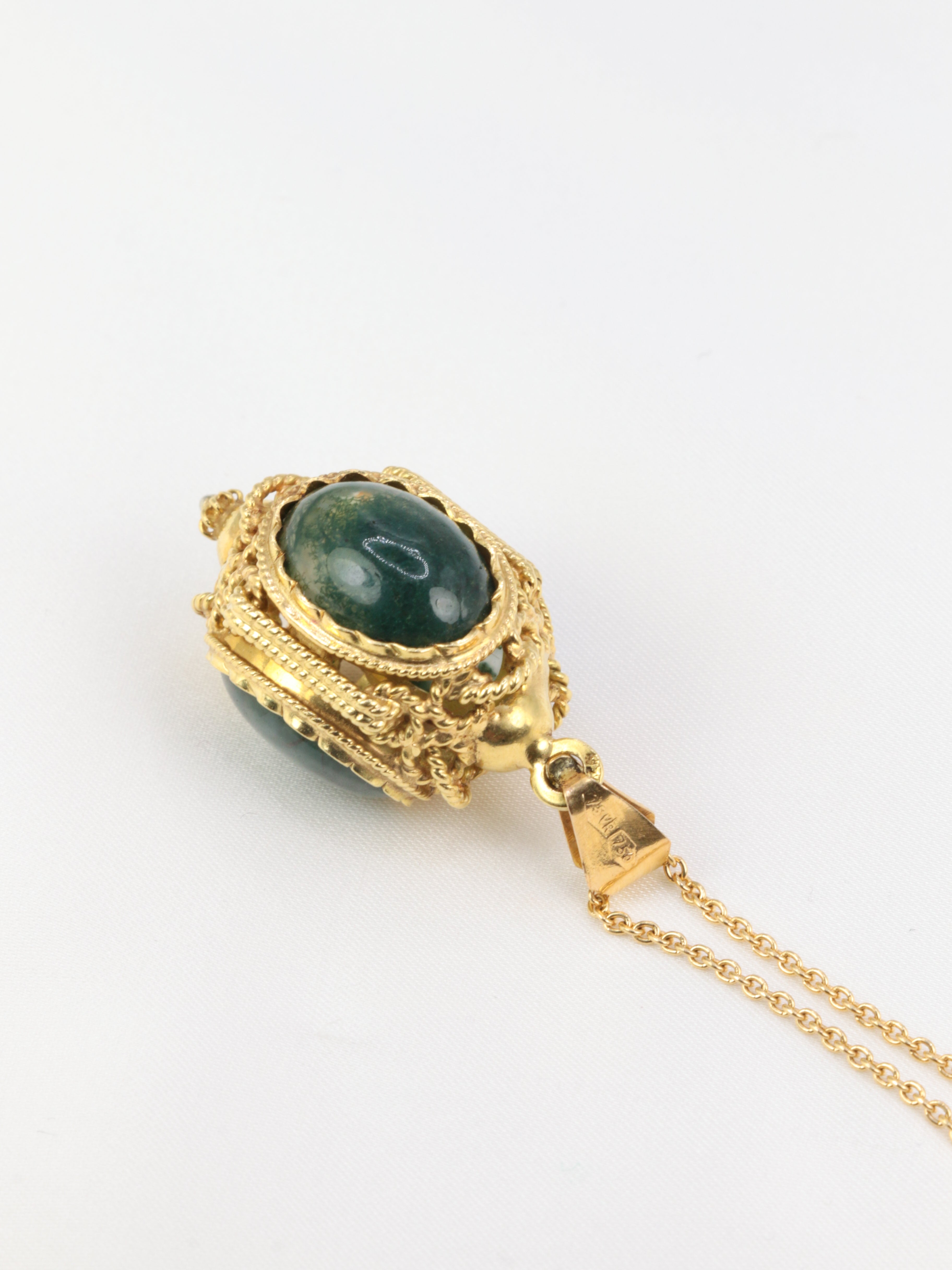 Gold lantern pendant and moss agate cabochons