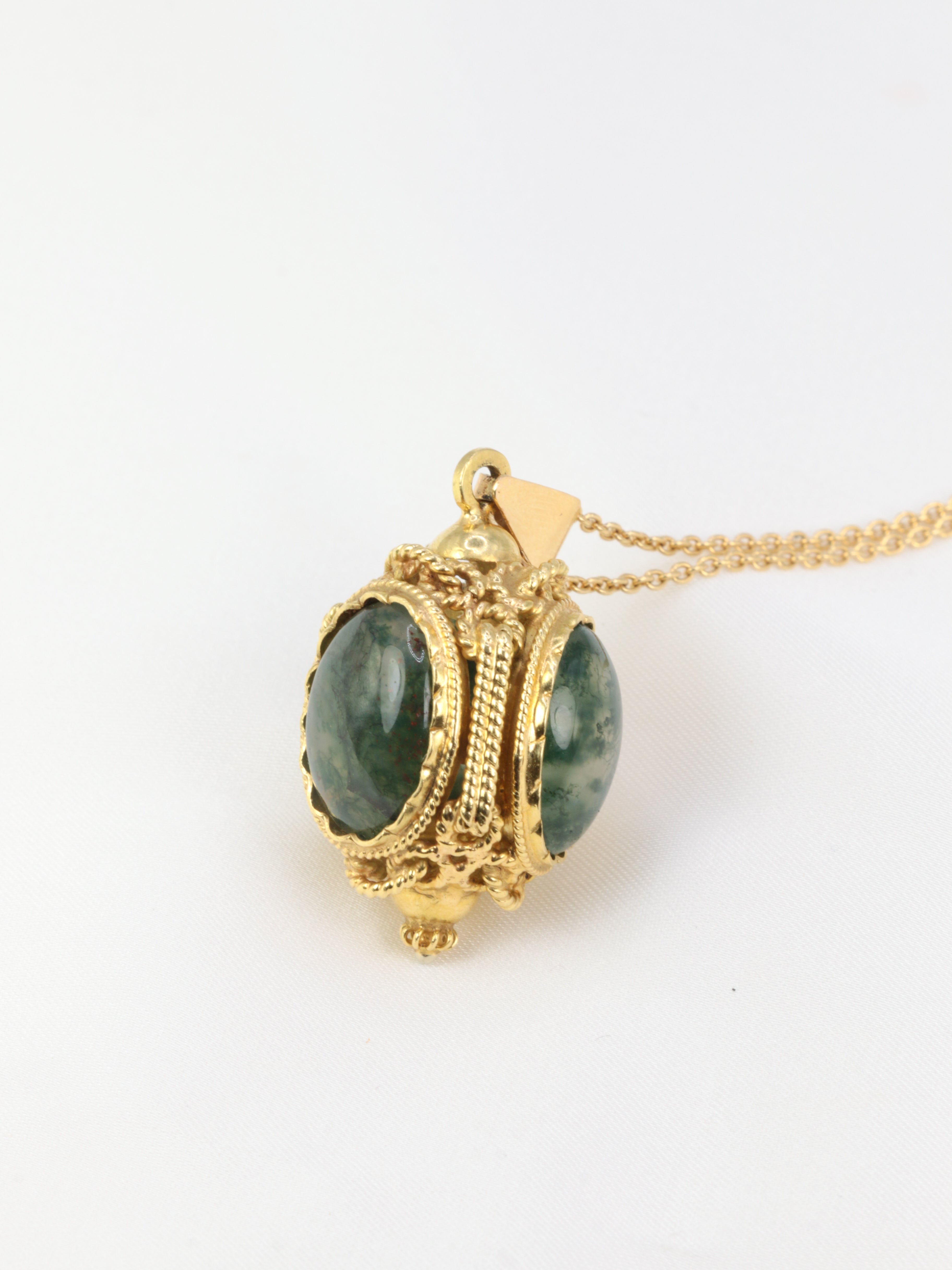 Gold lantern pendant and moss agate cabochons